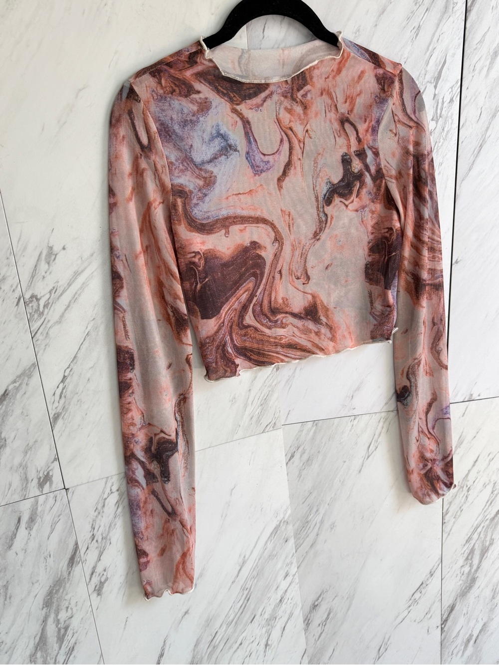 3/$50 Y2K Marble Swirl Sheer Mesh Long Sleeve Crop Top SZ M